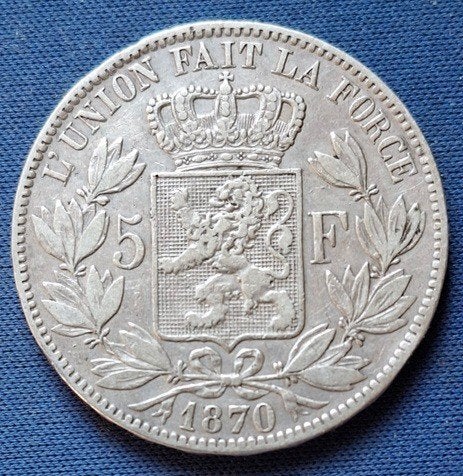 België 5 francs 1870 Km 24, Zilver, Ophalen of Verzenden, Losse munt, Zilver