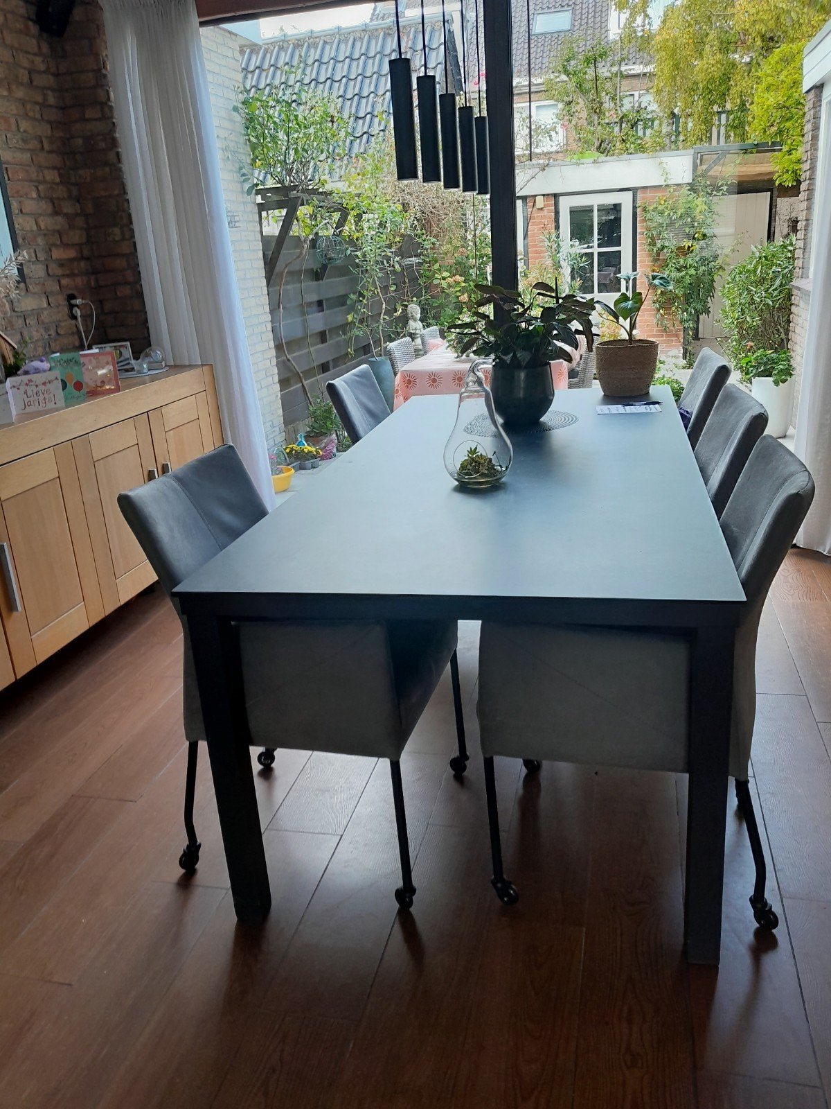 Eettafel met natuurstenen blad en metalen onderstel, Ophalen, 200 cm of meer, 50 tot 100 cm, Zo goed als nieuw