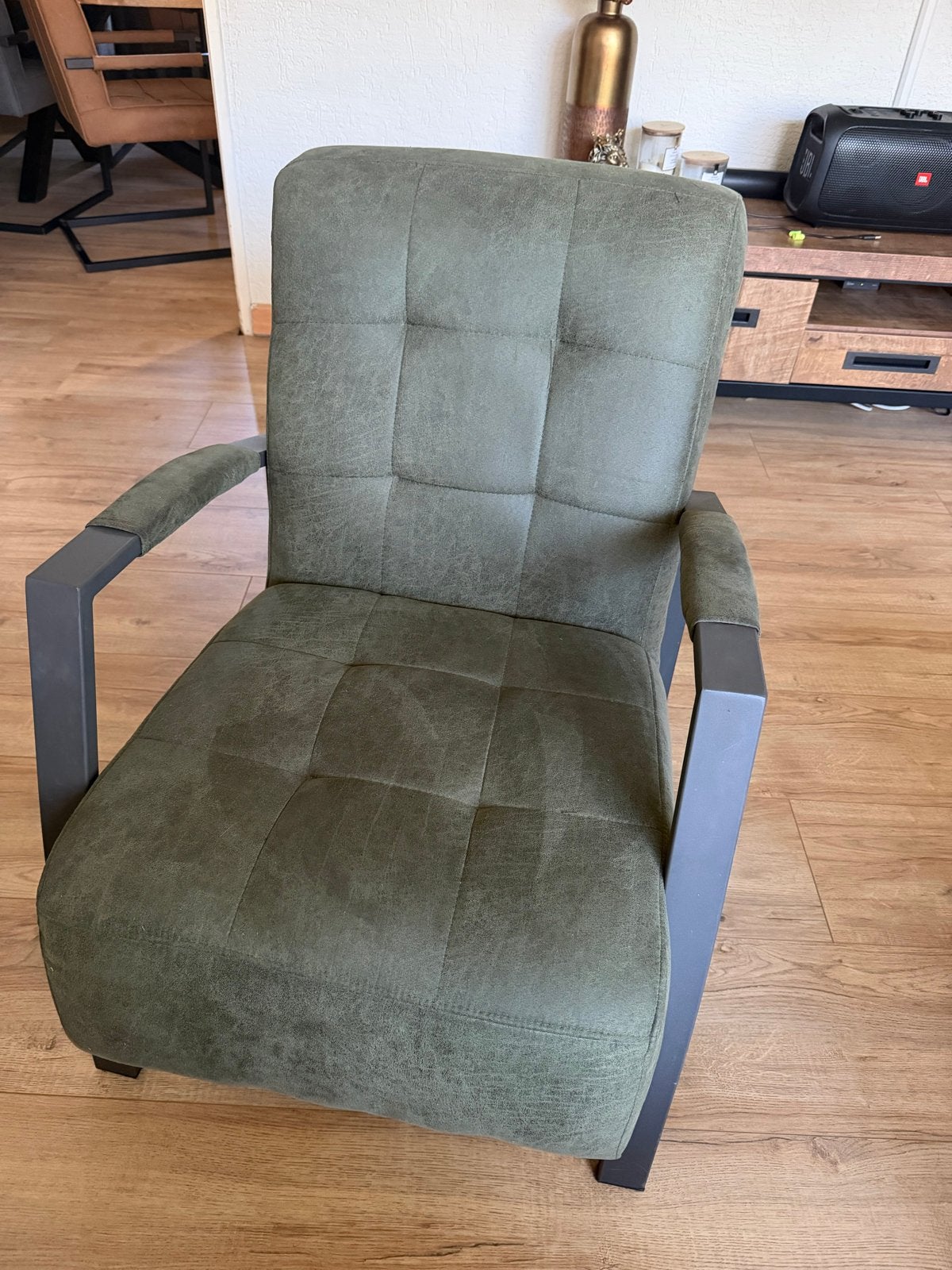 Comfortabele groene fauteuil met metalen frame, Overige kleuren, Ophalen of Verzenden, Zo goed als nieuw, Metaal