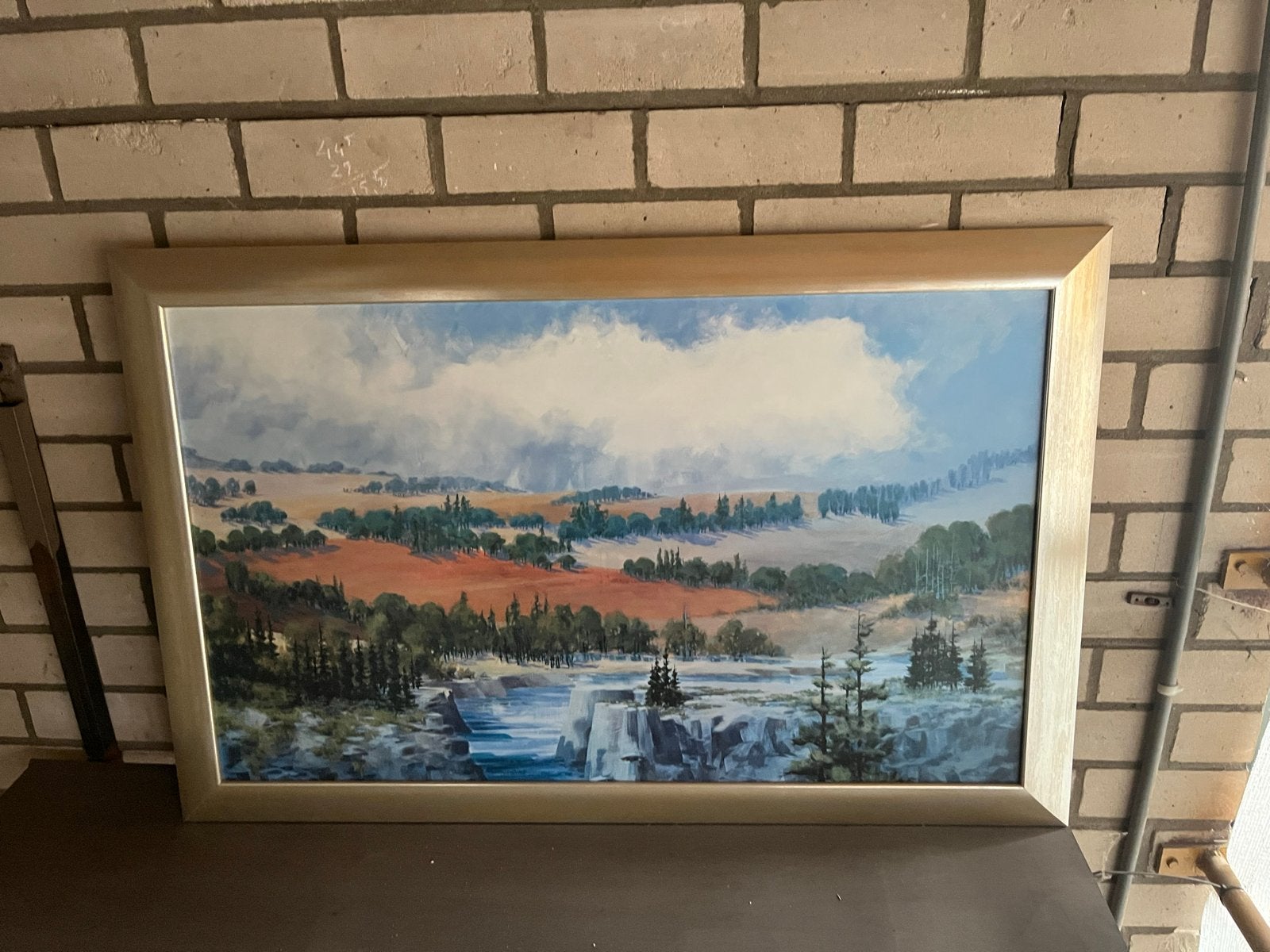 Schilderij met berglandschap en waterval, Doek, Realistisch, Ophalen of Verzenden, Landschap