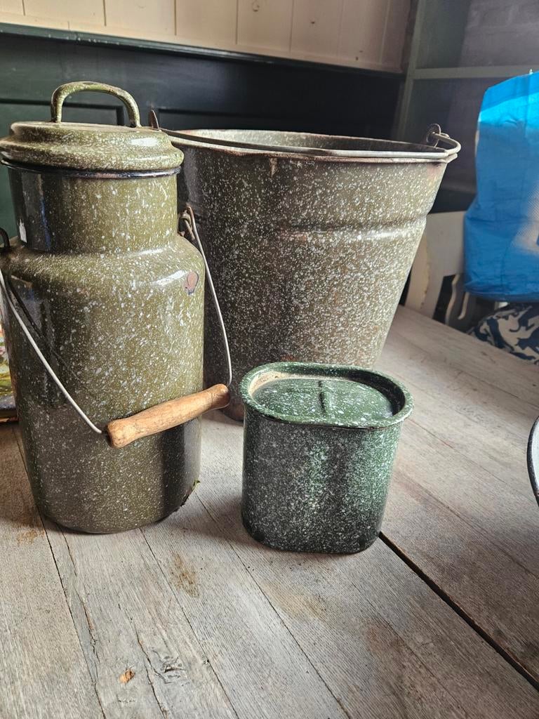 Vintage geëmailleerde melkbus, emmer en pot, Ophalen of Verzenden