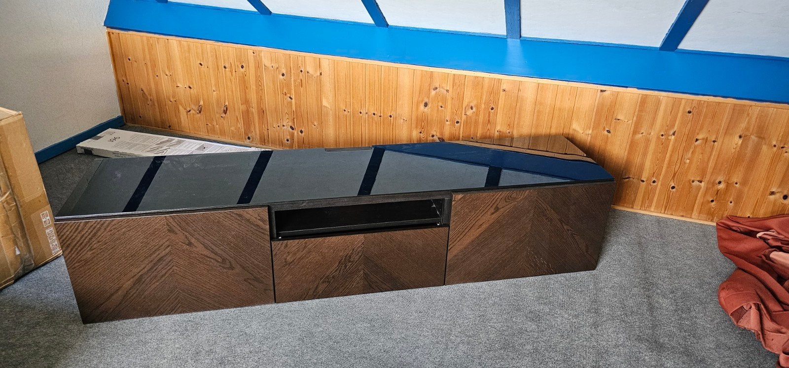 Ikea Bestå tv-meubel met glazen bovenblad, Ophalen, Gebruikt, 150 tot 200 cm, Minder dan 100 cm