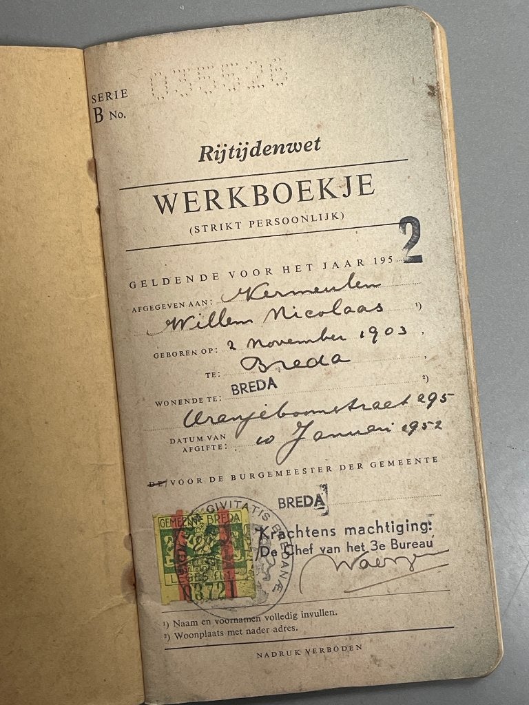 Werkboekje rijtijdenwet 1952 Breda. (met zegel), Ophalen of Verzenden, Gelezen, Algemeen