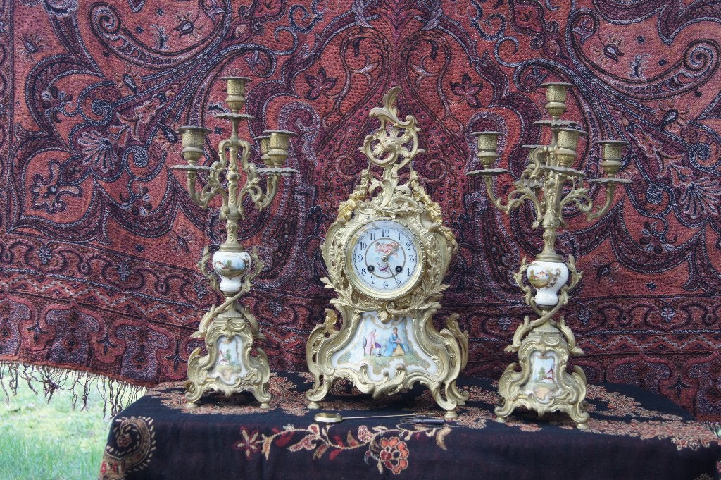 Antieke Franse bronzen pendule met kandelaars, Ophalen of Verzenden