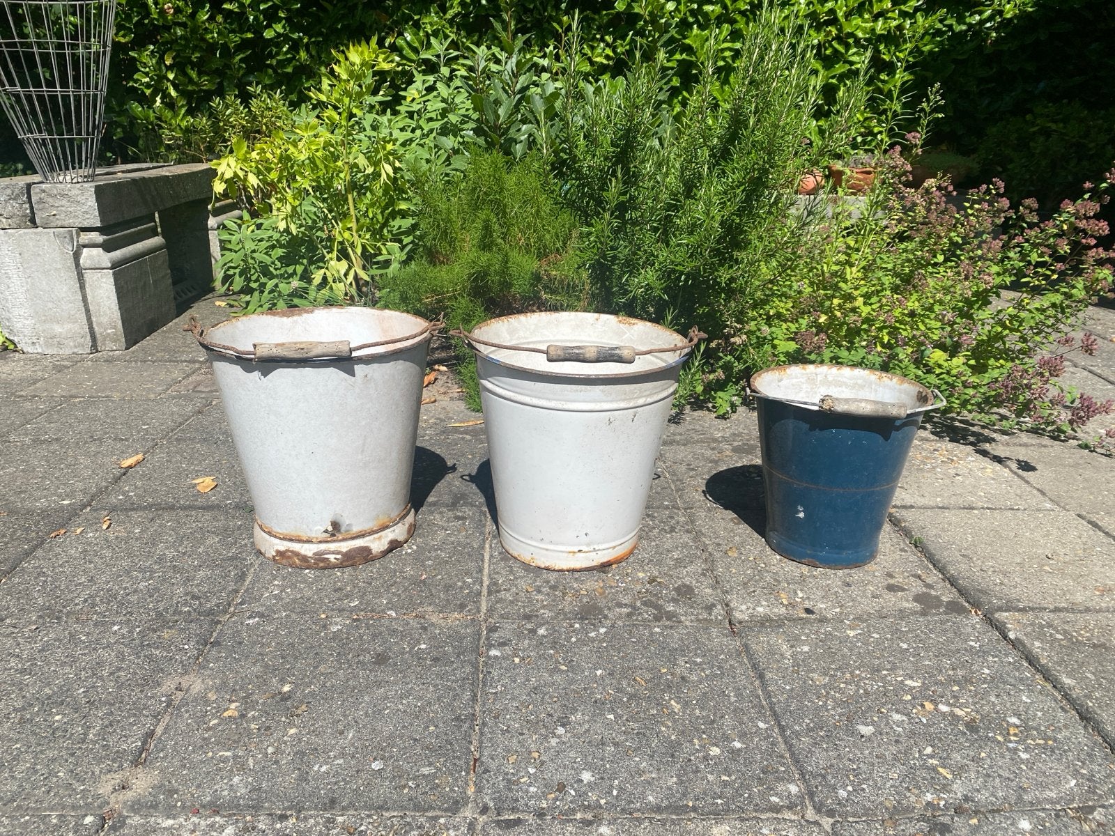 Set van 3 vintage emaille emmers - decoratief, Antiek en Kunst, Ophalen