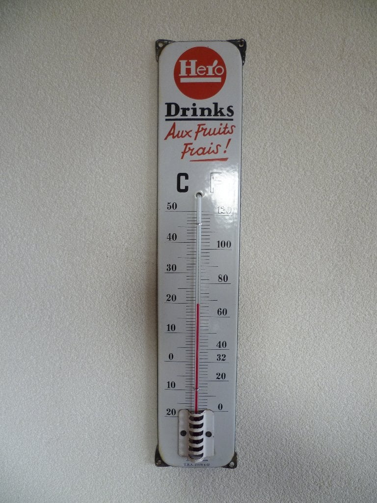 EMAILLE RECLAME THERMOMETER"HERO DRINKS FRUITS FRAIS"1957, Verzamelen, Ophalen of Verzenden, Gebruikt, Reclamebord