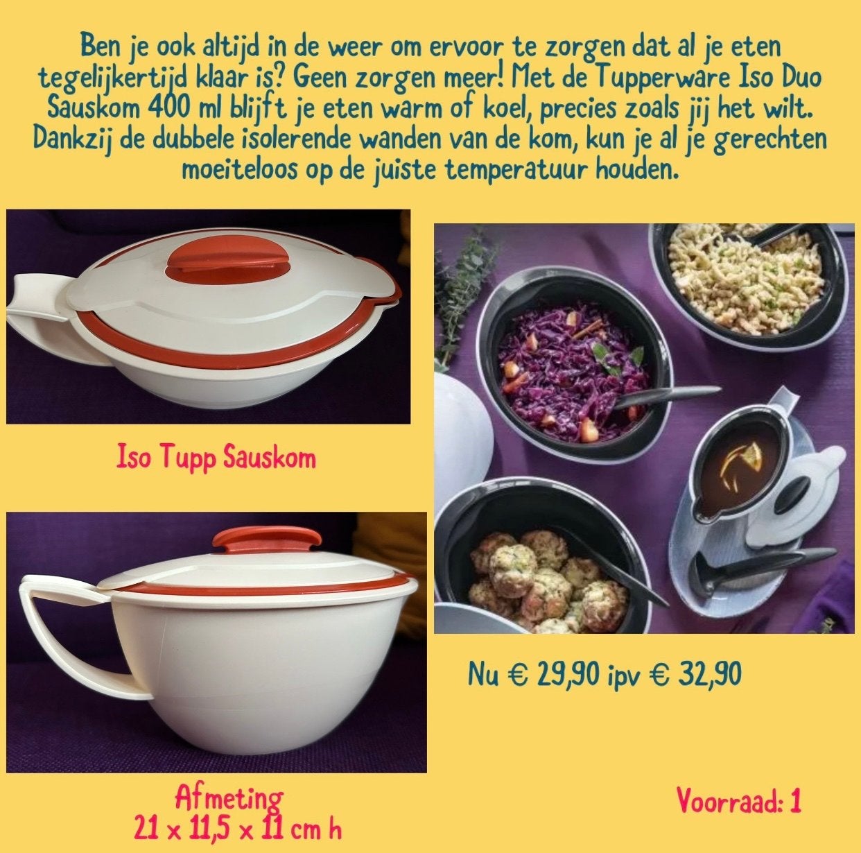 Tupperware Iso Duo Sauskom 400 ml - Warm of Koud incl verz, Ophalen of Verzenden, Nieuw, Wit, Bak of Kom