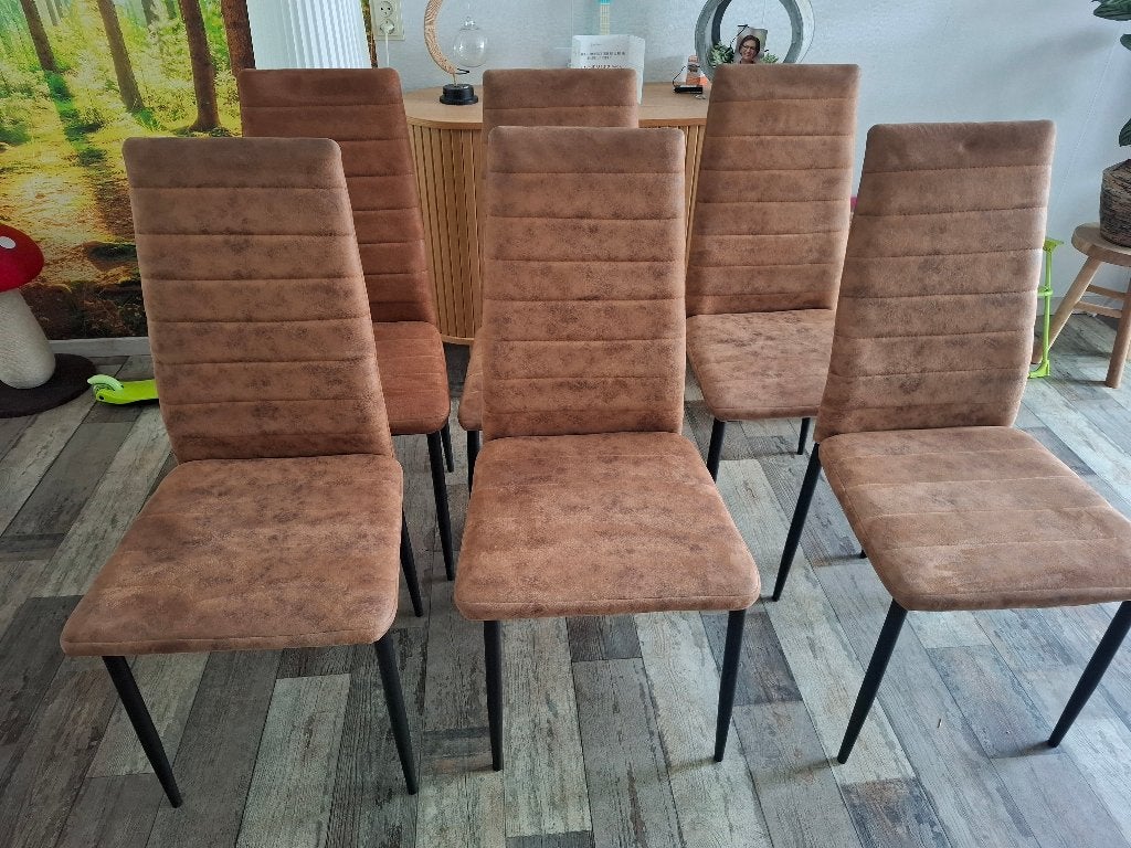 Set van 6 bruine eetkamerstoelen, Ophalen, Bruin, Zo goed als nieuw, Stof