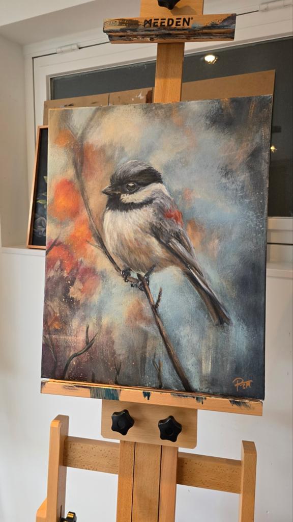 Schilderij "Winter's Gaze" - Vogel op tak, 40x50 cm, Ophalen of Verzenden