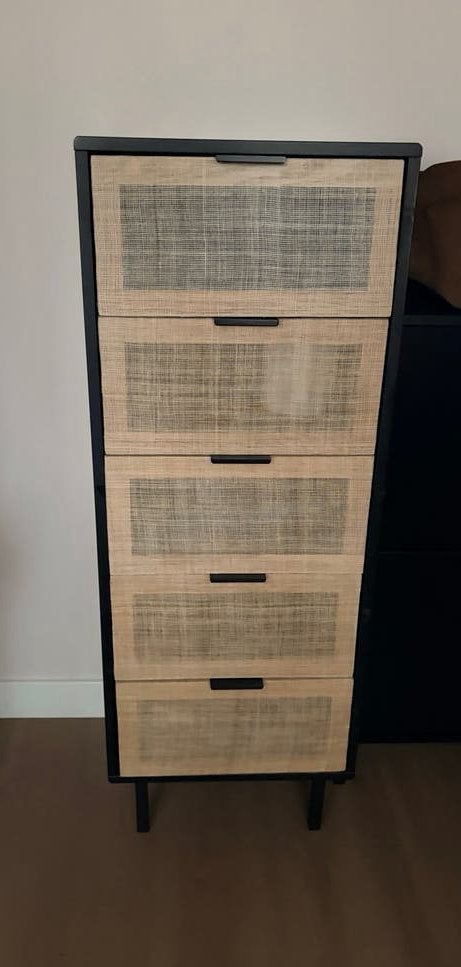 Ladekast met 5 laden - Zwart met rotan look, Ophalen, Minder dan 50 cm, 100 tot 150 cm, Zo goed als nieuw