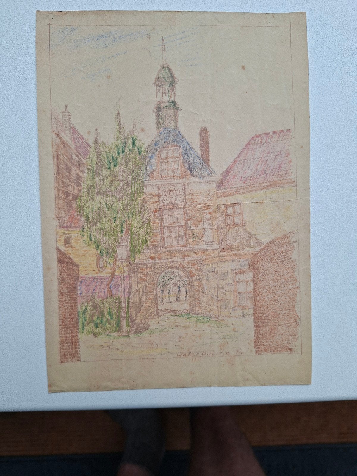 Oude tekening Waterpoort Tiel - Gevonden in oud woordenboek, Antiek en Kunst, Ophalen, Tekening, Potloodtekening, Origineel