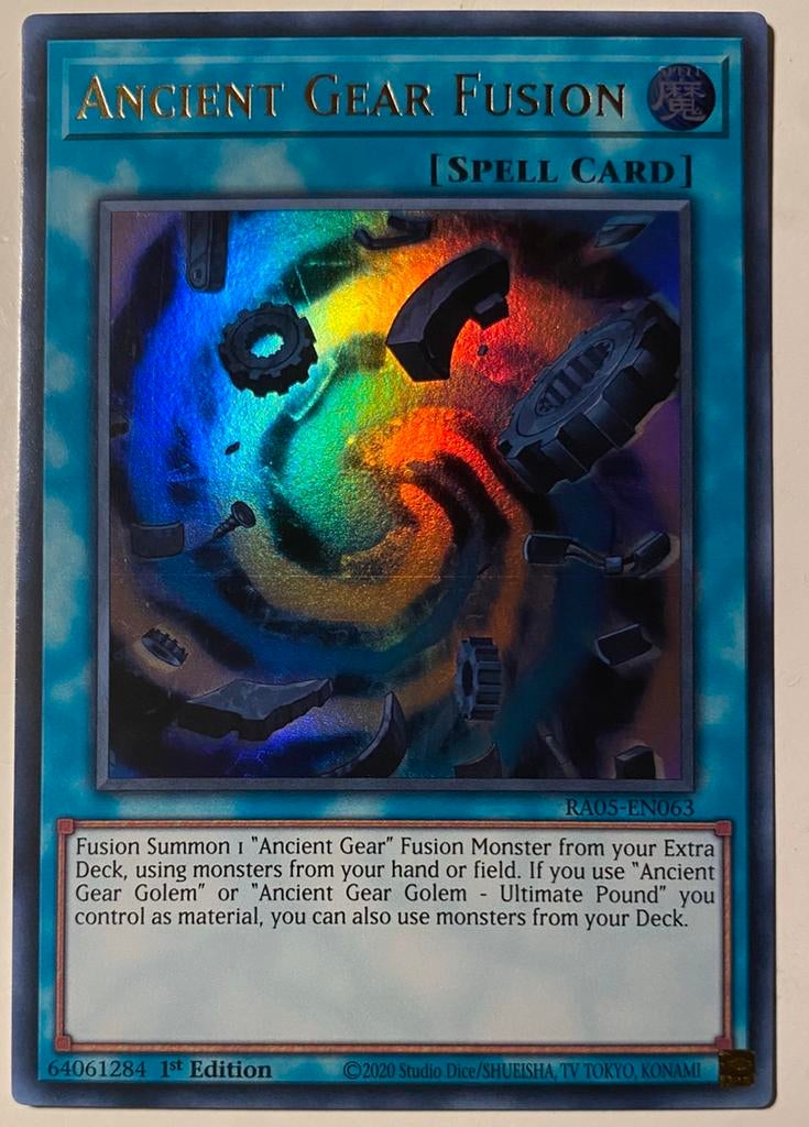 Yu-Gi-Oh! Ancient Gear Fusion RA05 Printlijn Misprint !, Ophalen of Verzenden, Zo goed als nieuw, Losse kaart, Foil
