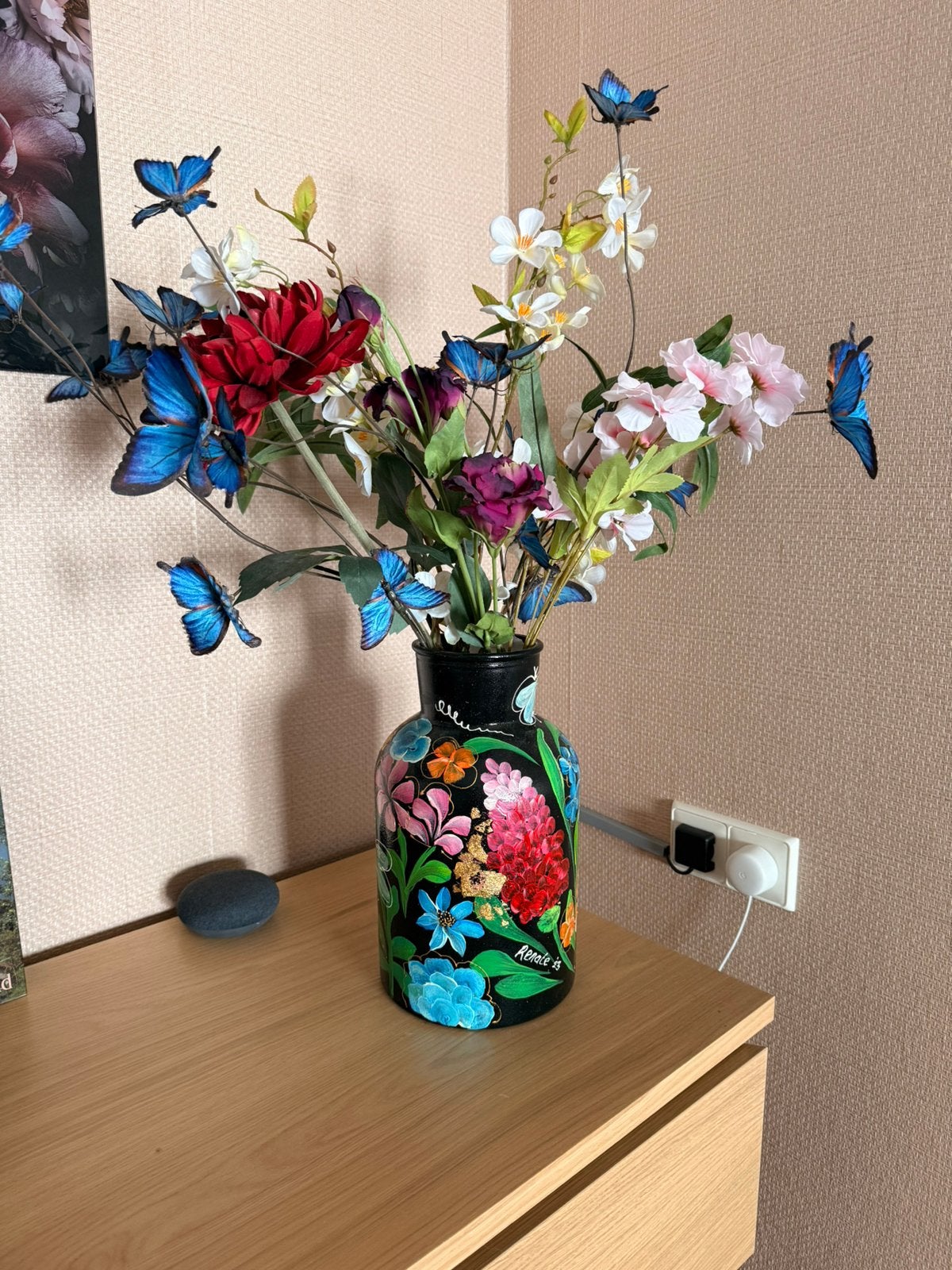 Mooie  met de hand beschilderde vaas, 32 cm, Zo goed als nieuw, Handgemaakt, Ophalen