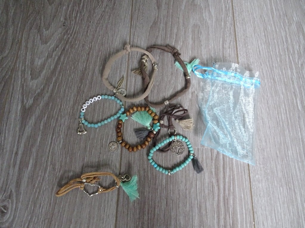 7 Boho Armbanden | Blauw Bruin Zilver | Ibiza Style Festival, Ophalen of Verzenden, Zo goed als nieuw, Blauw, Overige materialen