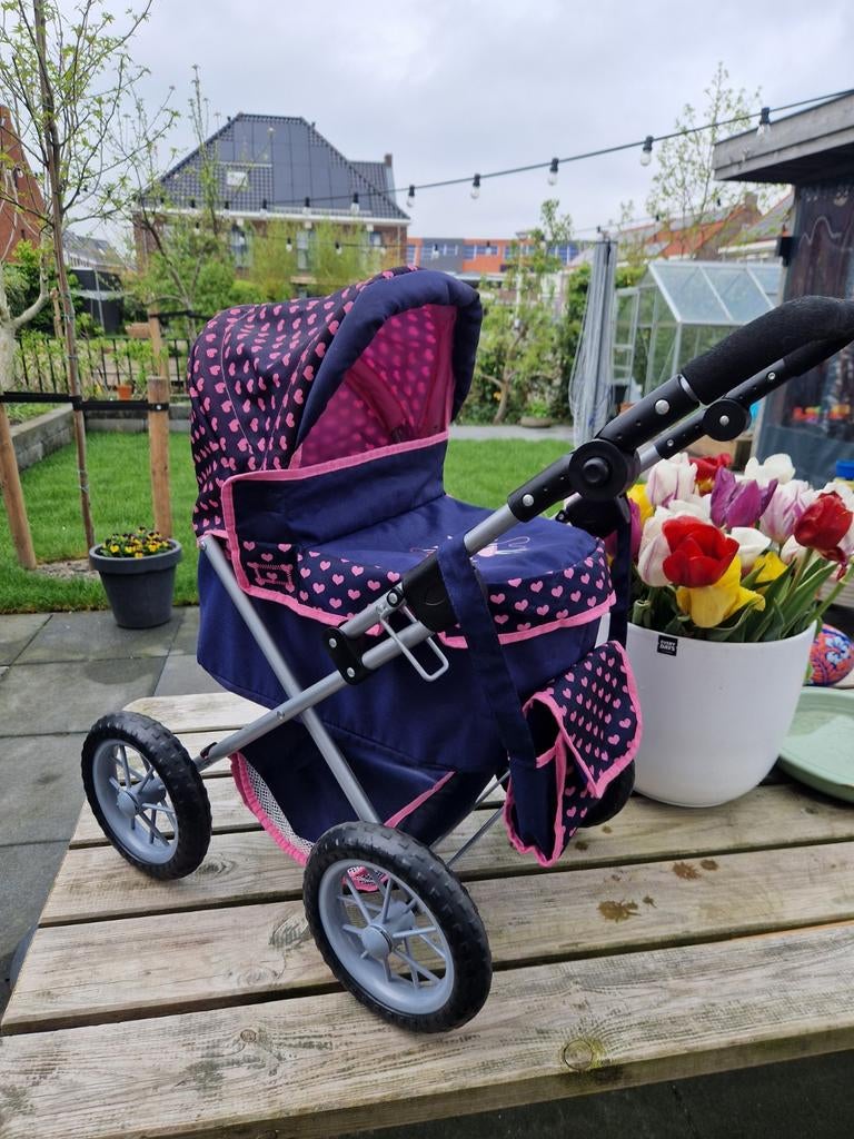 Leuke poppenwagen voor kleuters - Blauw met roze hartjes, Ophalen