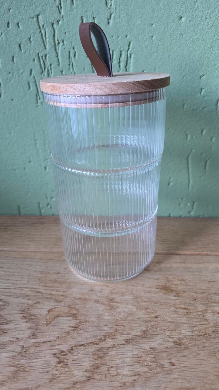 Set van 3 glazen schalen met houten deksel, Huis en Inrichting, Ophalen, Geribbeld, Schaal, Rond