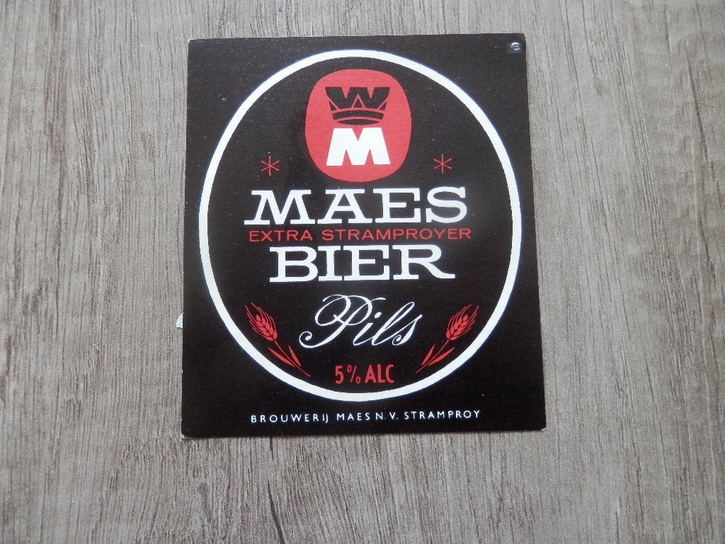 ouder bier etiket Maes bier Stramproy Pils geen inhoud, Verzamelen, Ophalen of Verzenden, Zo goed als nieuw, Overige typen, Overige merken