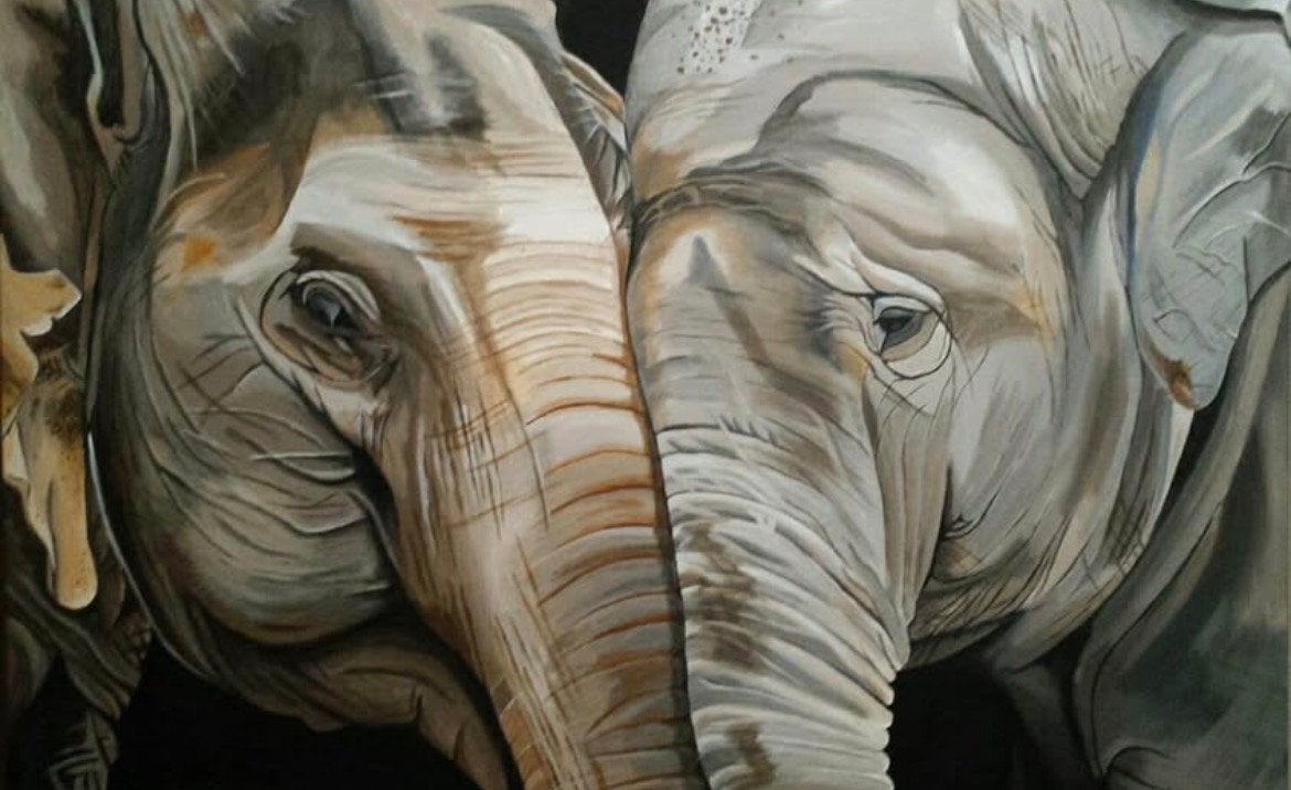 Schilderij olifanten 115x75 cm, acryl op doek, 2017, Antiek en Kunst, Kunst | Schilderijen | Modern, Acrylverf, Handgeschilderd