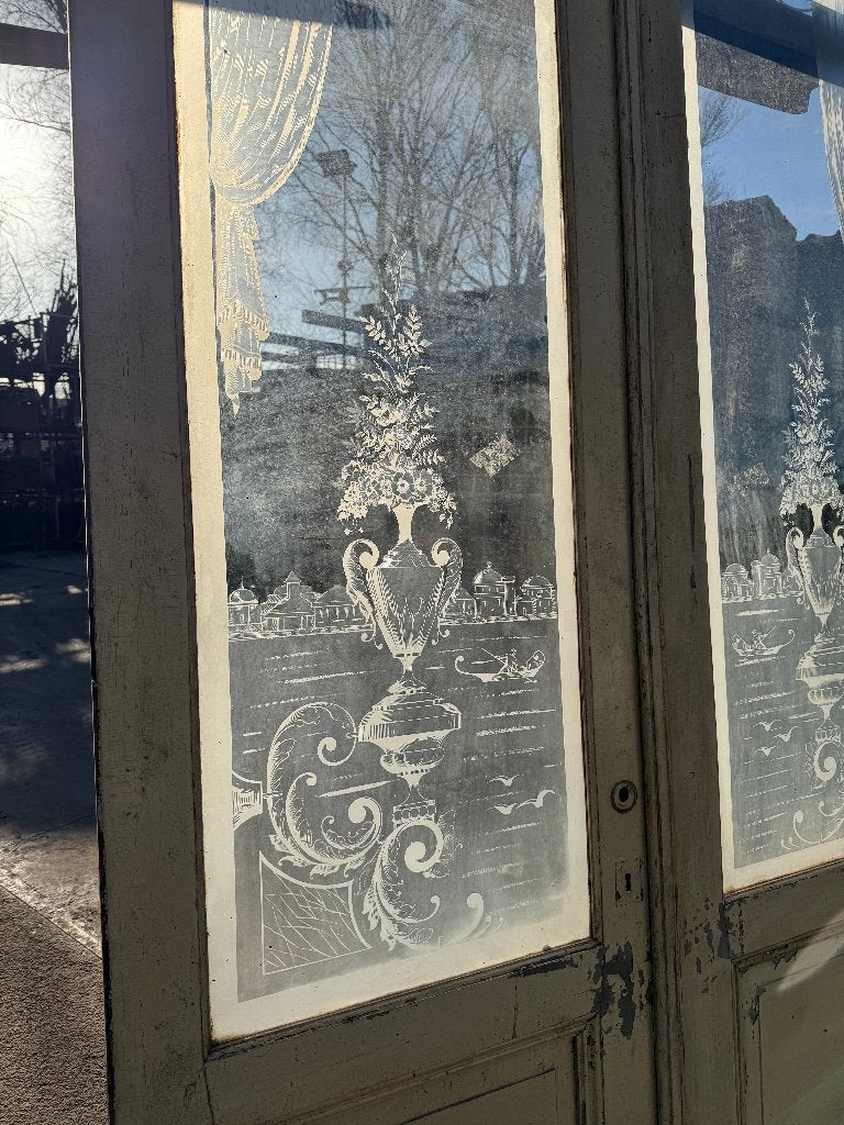 Set antieke openslaande deuren met geëtst glas 267x145cm., Ophalen