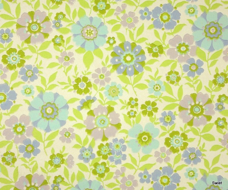 9847 bloemenbehang groen blauw jaren 70 Rath & Doodeheefver, Ophalen of Verzenden, Blauw