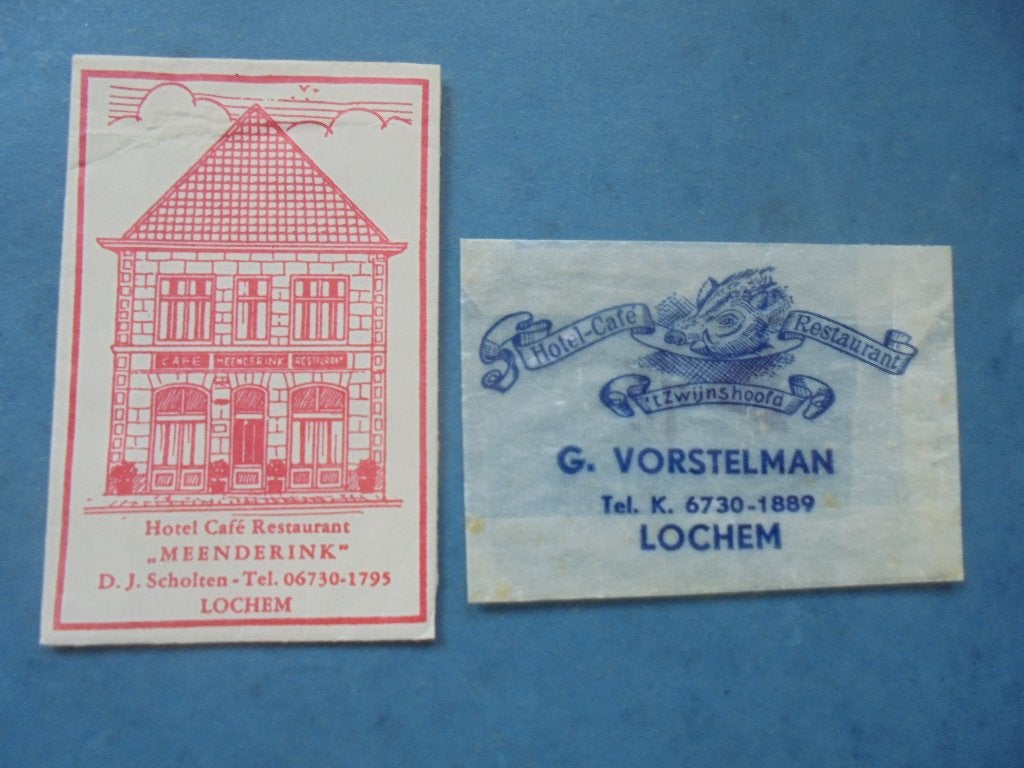 2 oude suikerzakjes Meenderink / 't Zwijnshoofd in LOCHEM, Verzamelen, Suikerzakjes, Ophalen of Verzenden, Nederland