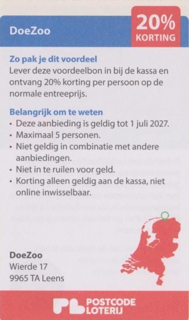Doezo. Leens. 20% korting. Postcodeloterij voordeelbon., Tickets en Kaartjes, Recreatie | Dierentuinen, Drie personen of meer