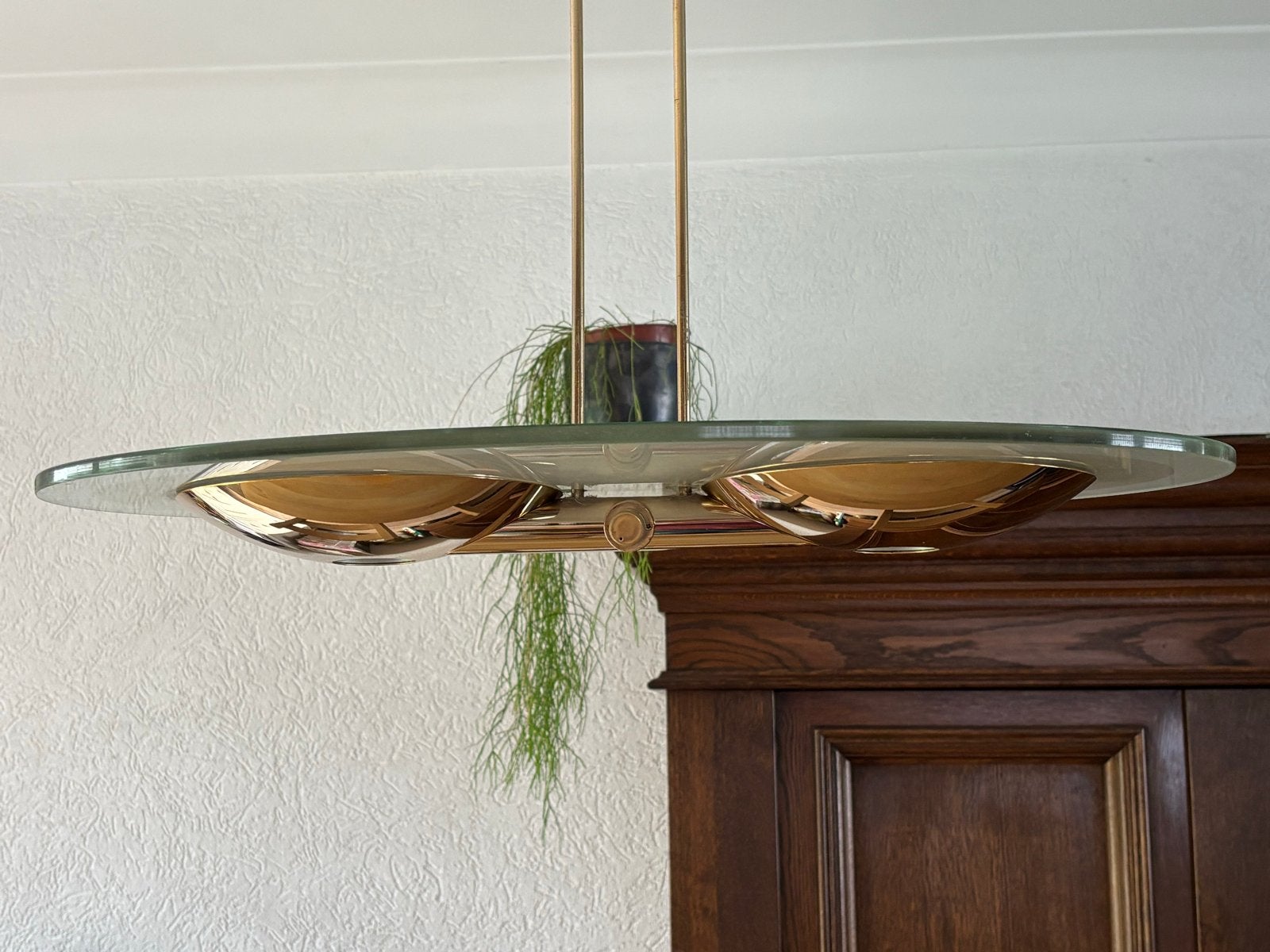 Moderne glazen hanglamp met blad goud kappen, Ophalen, Gebruikt, Glas, Overige fittingen