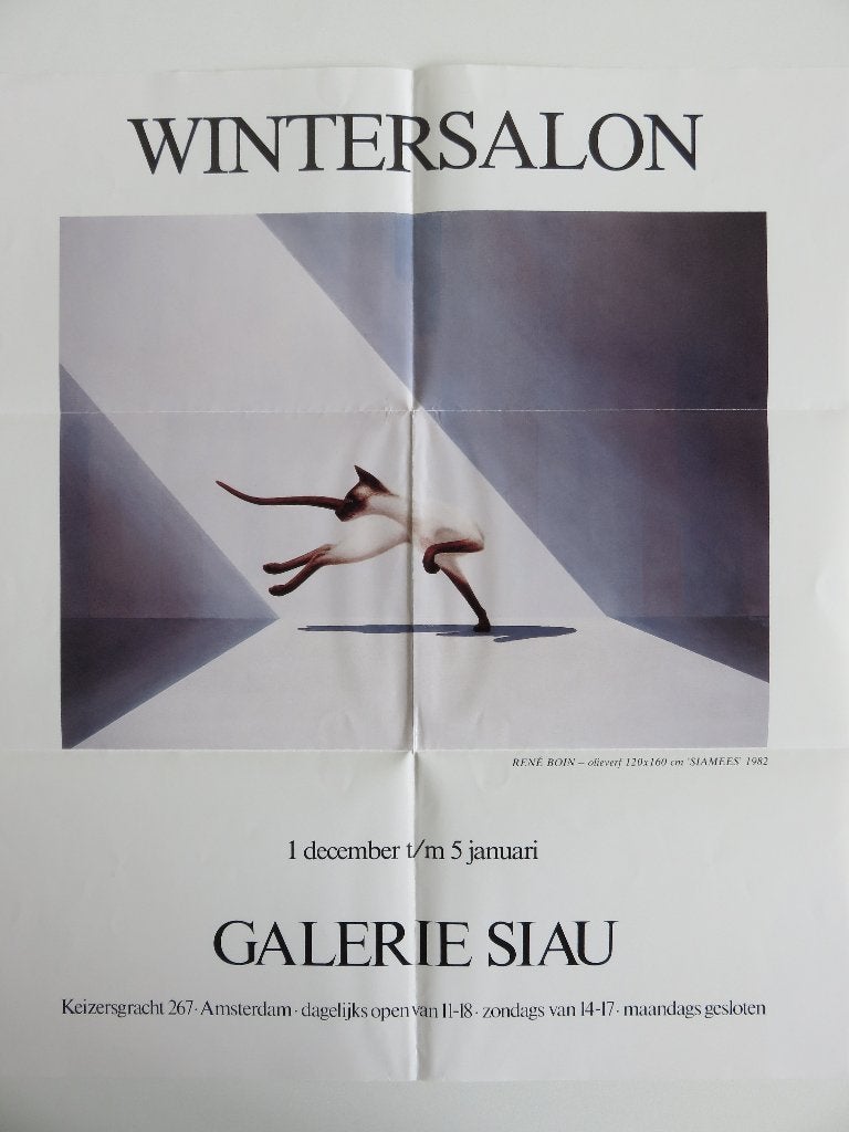 Kunstposter René Boin Galerie Siau 'Siamees' poes 1982, Rechthoekig Staand, Ophalen of Verzenden, Zo goed als nieuw, A1 t/m A3