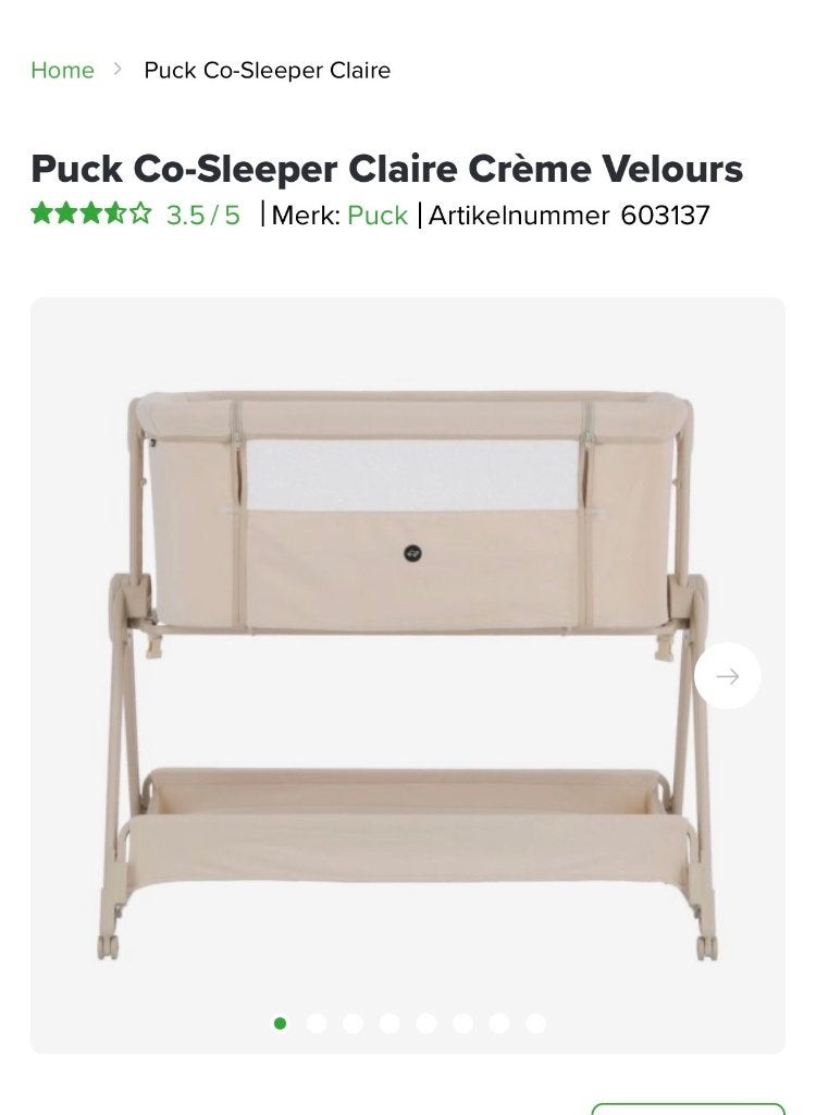 Puck Co-Sleeper Claire Crème Velours - Zo goed als nieuw, Kinderen en Baby's, Babywiegjes en Ledikanten, Ophalen, Gebruikt, Wieg