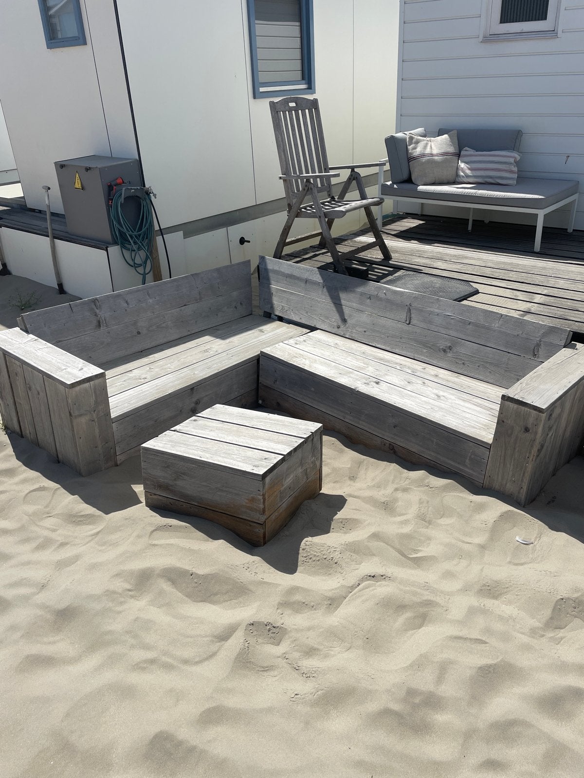 Steigerhouten tuinset met tafel, Ophalen, 4 zitplaatsen, Gebruikt, Steigerhout