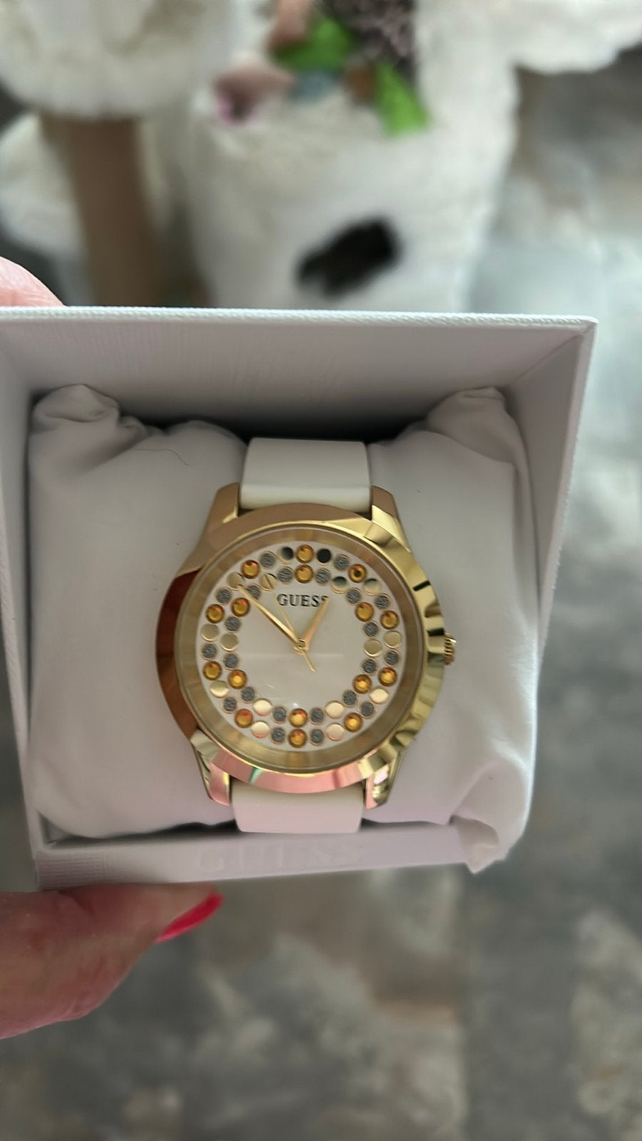 Nieuw Guess horloge met strass en witte band, Overige materialen, Guess, Polshorloge, Nieuw