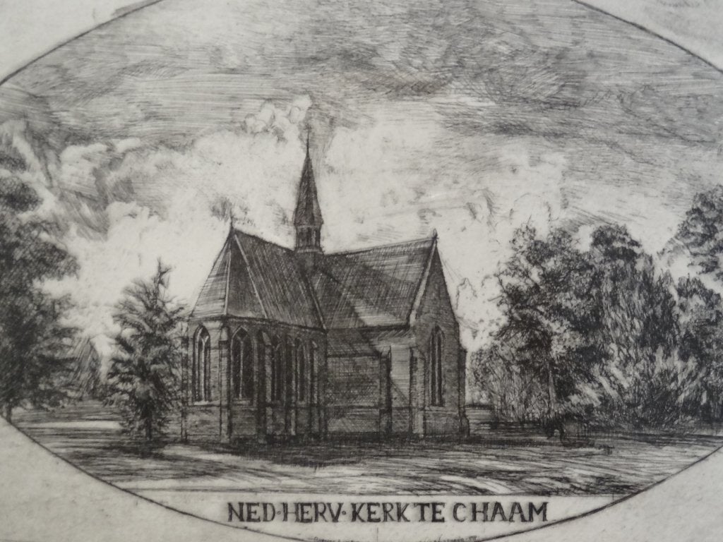 Ets NH kerk Chaam Brabant Ben van Oers, nr 9/50 , 1999, Architectuur, Ingelijst, 1950 - 1999, Verzenden
