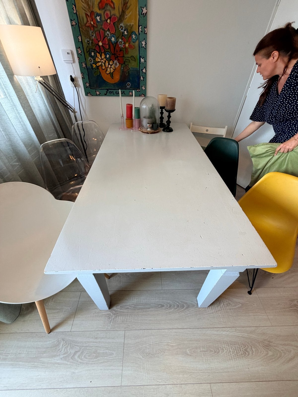 Houten tafel met 6 diverse stoelen (180x100cm), Ophalen, Gebruikt, 50 tot 100 cm, Vijf personen of meer