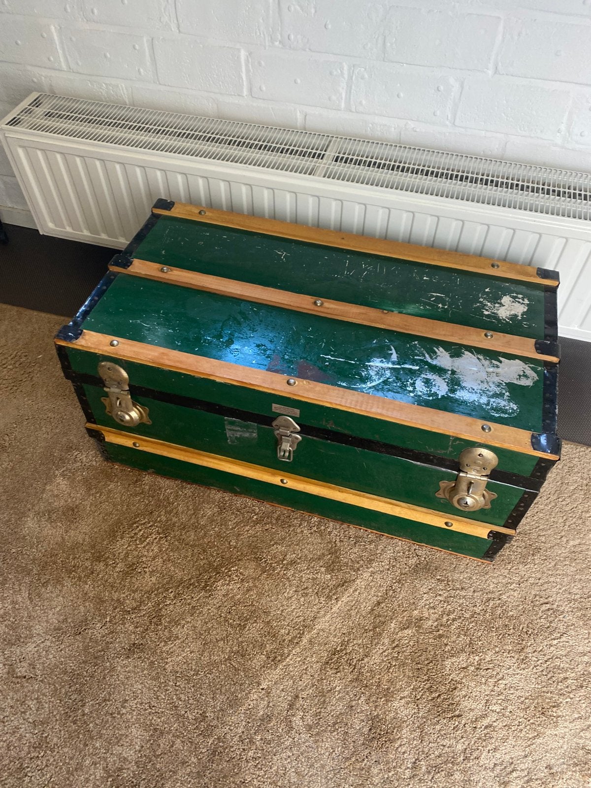 Antieke Dekenkist Groen/Zwart Metaal met Hout uit Amsterdam, Ophalen of Verzenden