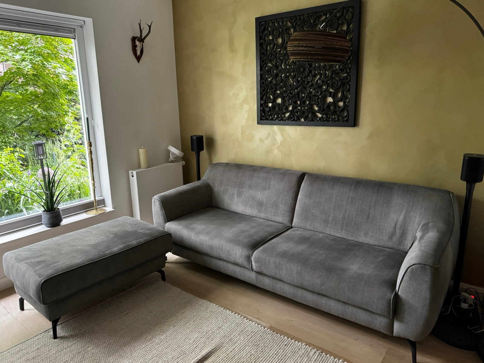 Olijf groene 2,5 zitsbank met hocker, Huis en Inrichting, Ophalen, 75 tot 100 cm, 200 tot 250 cm