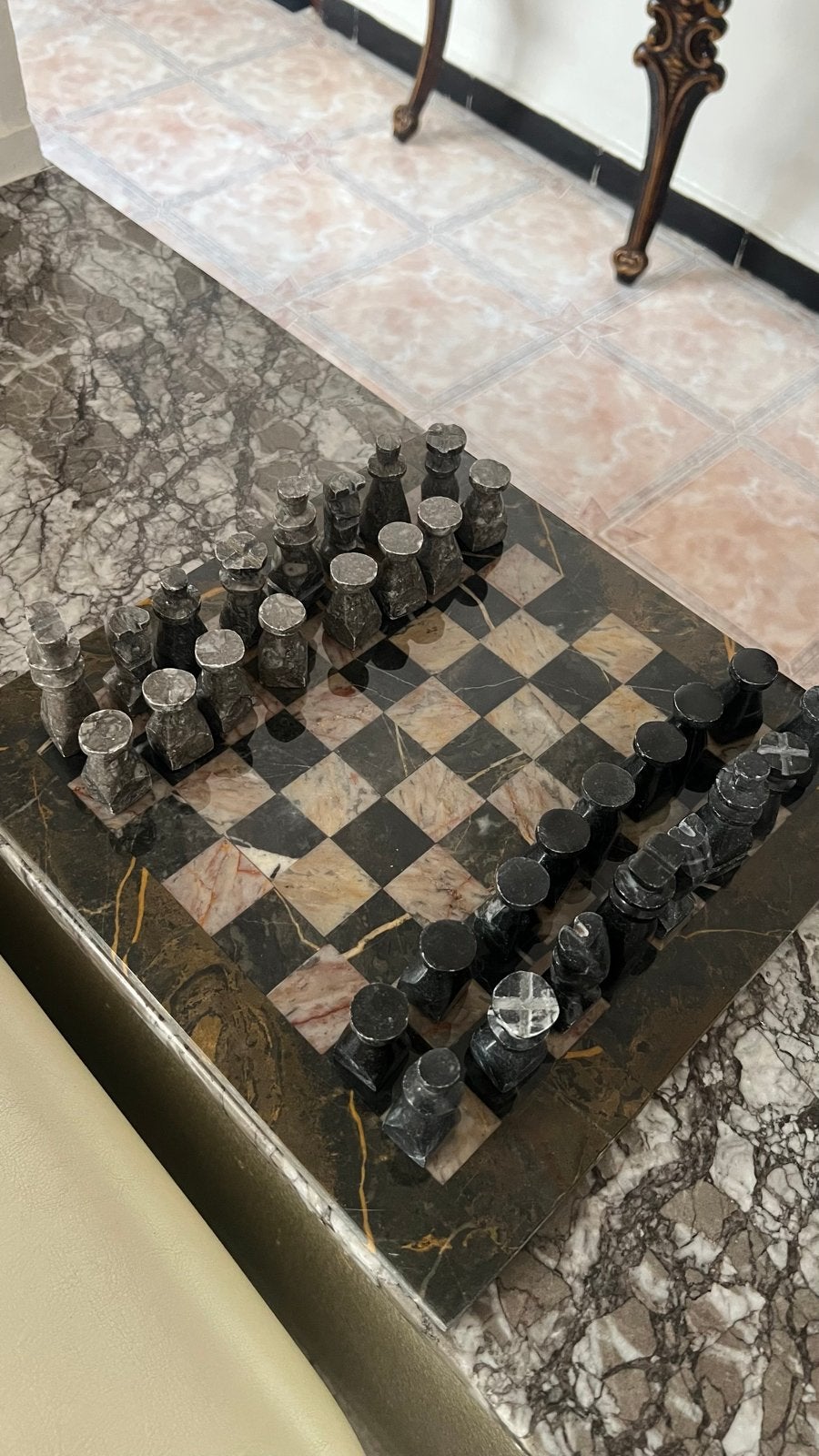 Vintage Onyx Marmer Schaakspel - Handgemaakt Volledige Set, Een of twee spelers, Ophalen of Verzenden, Nieuw