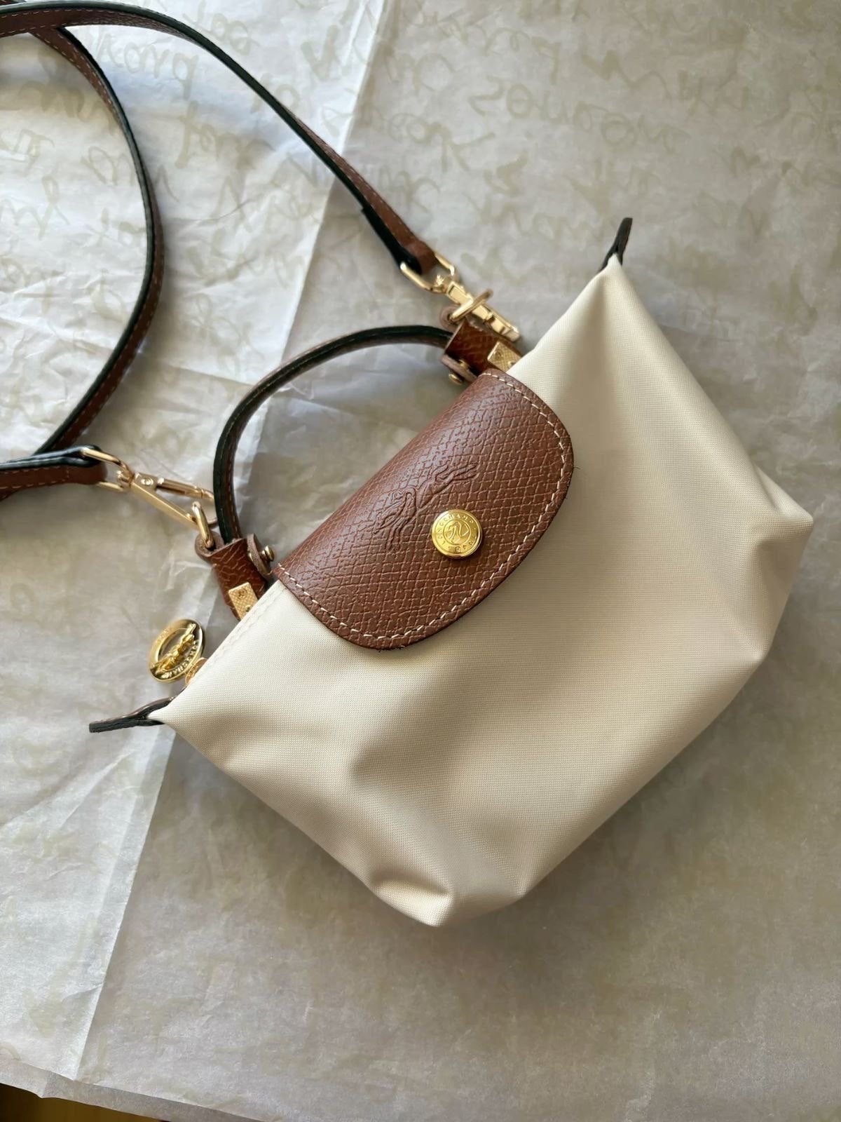 Longchamp Le Pliage Mini - Crème met Bruin Leer, Ophalen of Verzenden, Zo goed als nieuw, Beige, Handtas