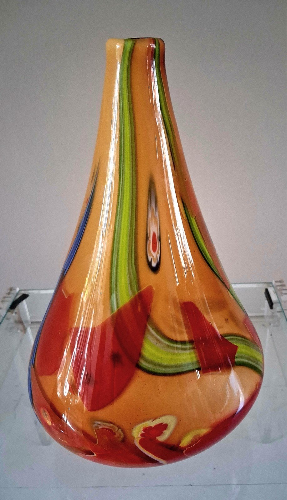 vintage,druppelvaas,muranostijl,studioglas,mid-century, Huis en Inrichting, Handgemaakt, 30 cm, Geel, Ophalen of Verzenden