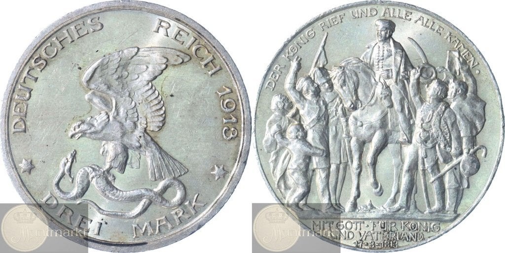 Duitsland - Keizerrijk 3 Mark 1913 A 'Wilhelm II Pruisen', Ophalen of Verzenden, Duitsland, Losse munt, Zilver