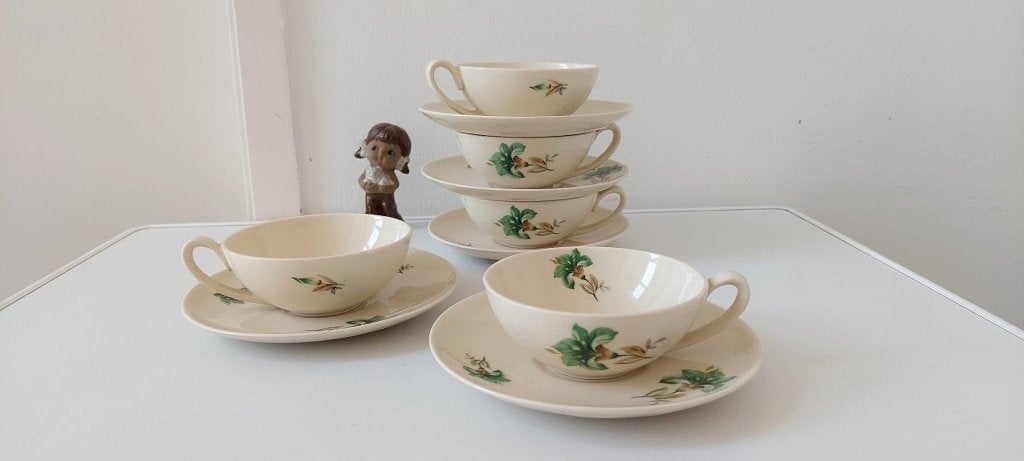 5 Vintage ongemerkte kop en schotels – stijl Petrus Regout, Ophalen of Verzenden