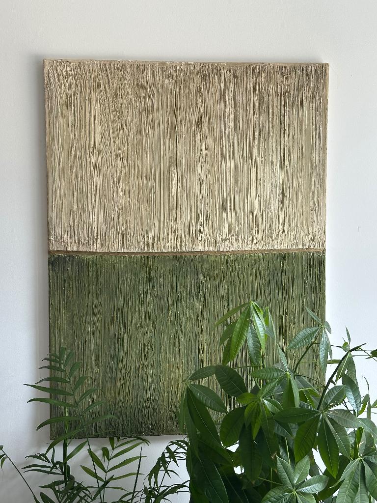 Textured wall art, textuur schilderij, groen, beige, goud, Ophalen, Boho, 80 cm, Zo goed als nieuw