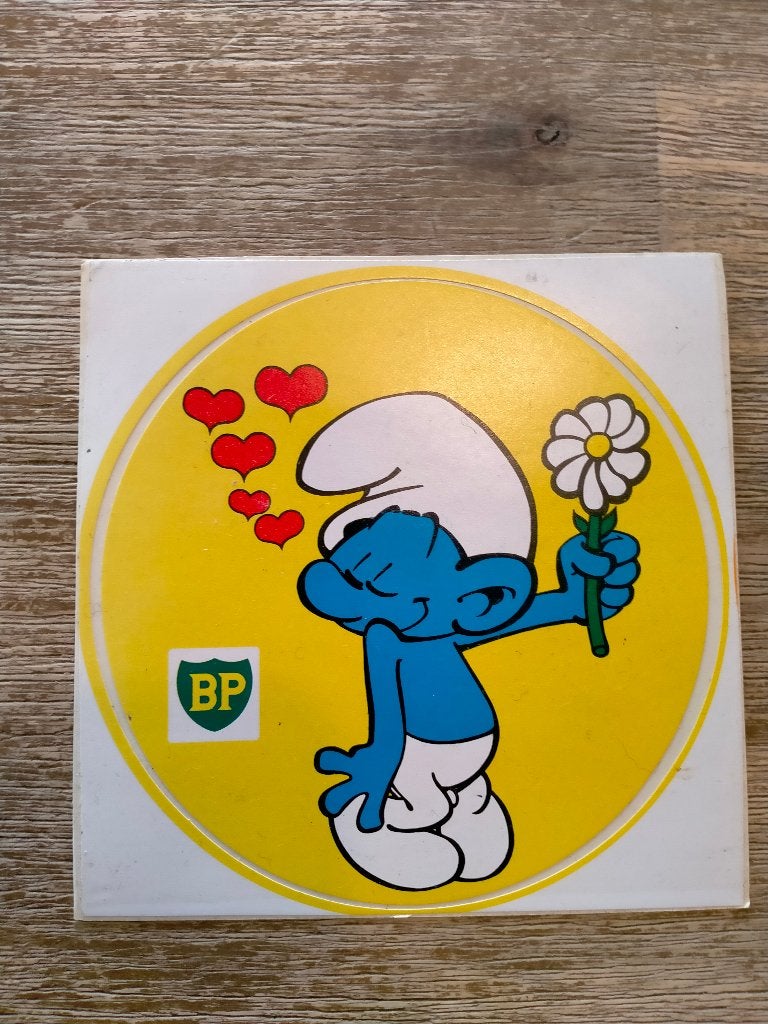 Smurfen smurf vintage BP tankstation sticker bloemen, Ophalen of Verzenden, Zo goed als nieuw, Strip of Tekenfilm