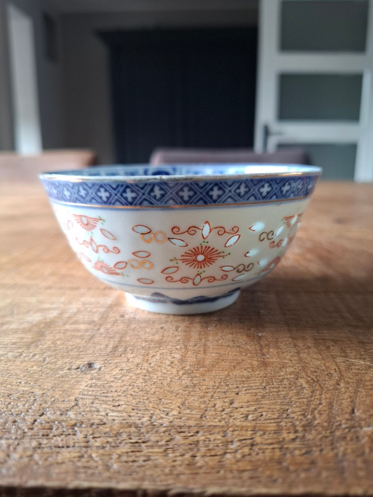 Antieke Chinese Rijstkom met Blauw-Wit Decor, Antiek en Kunst, Ophalen of Verzenden