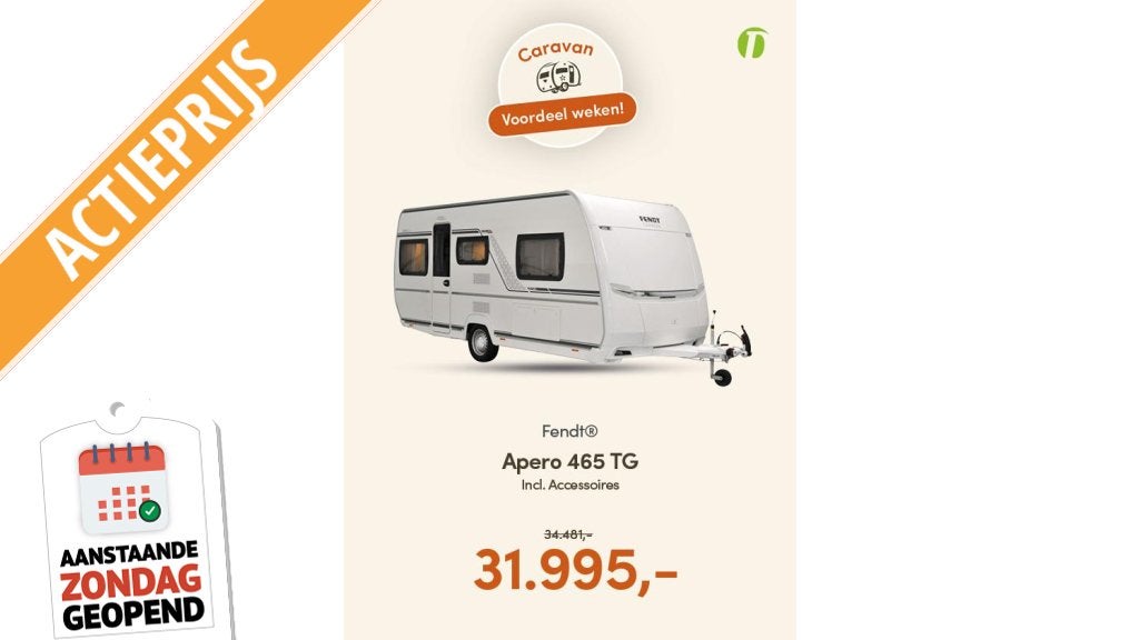Fendt Apero 465 TG ACTIEPRIJS, Caravans en Kamperen, Caravans, Standaardzit, Bedrijf, Fendt, Schokbreker