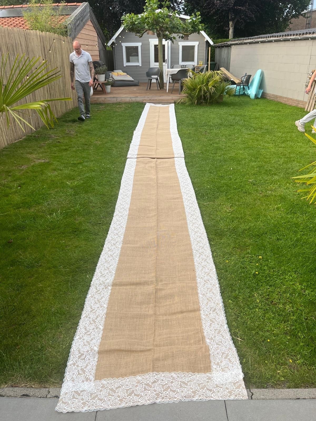 Jute loper met kant voor bruiloft of feest, Ophalen, Gebruikt, Versiering, Geboorte of Huwelijk