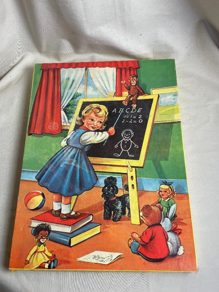 Oude houten kinderpuzzel meisje met schoolbord jaren 60, Gebruikt, Van hout, 4 tot 6 jaar, Meer dan 50 stukjes