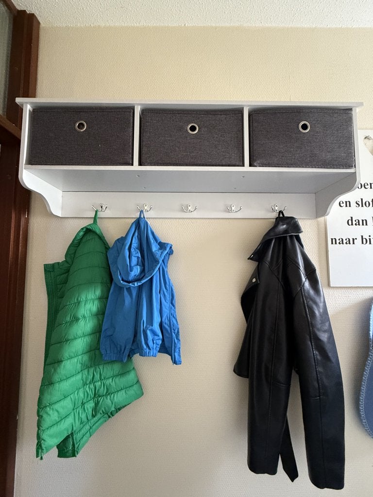 Witte wandkapstok met opbergmanden en 5 dubbele haken, Nieuw, Minder dan 100 cm, Hout, Ophalen