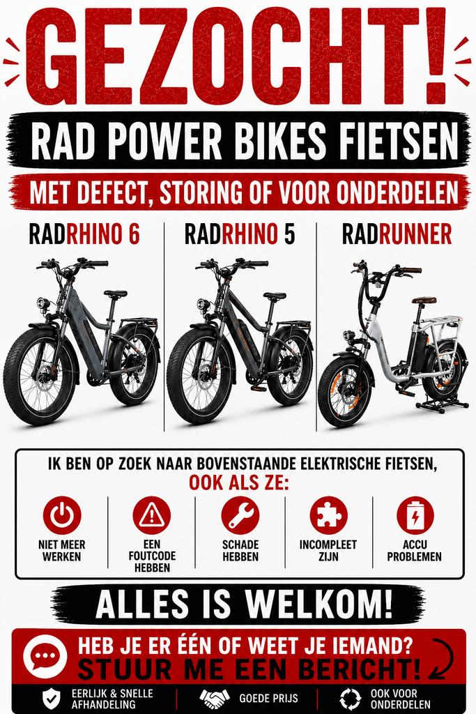 Gezocht: Rad Powerbikes fietsen, Rad Rhino 5&6 en Rad Runner, Fietsen en Brommers, Elektrische fietsen, Ophalen, Zo goed als nieuw