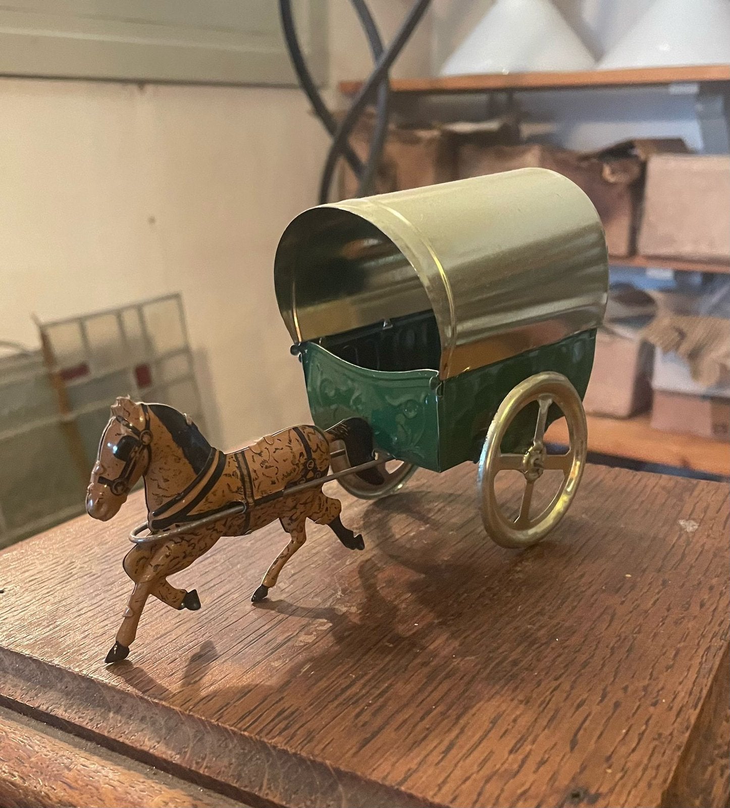Blikken speelgoed, paard en wagen, Ophalen