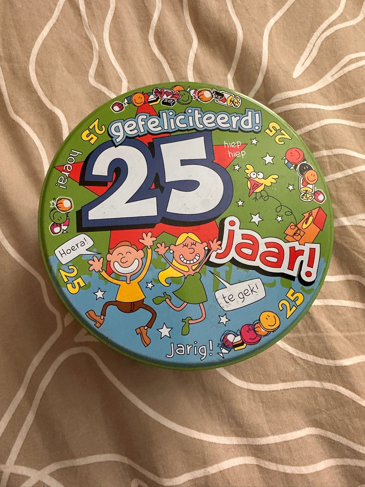 Hoera 25 jaar! Bewaarblik / koekblik / snoepblik, Ophalen of Verzenden